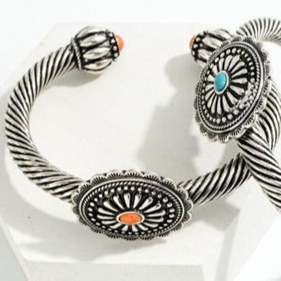 Twisted Cable Cuff With Orange Stone Accented Concho Station - Picture 2 of 3